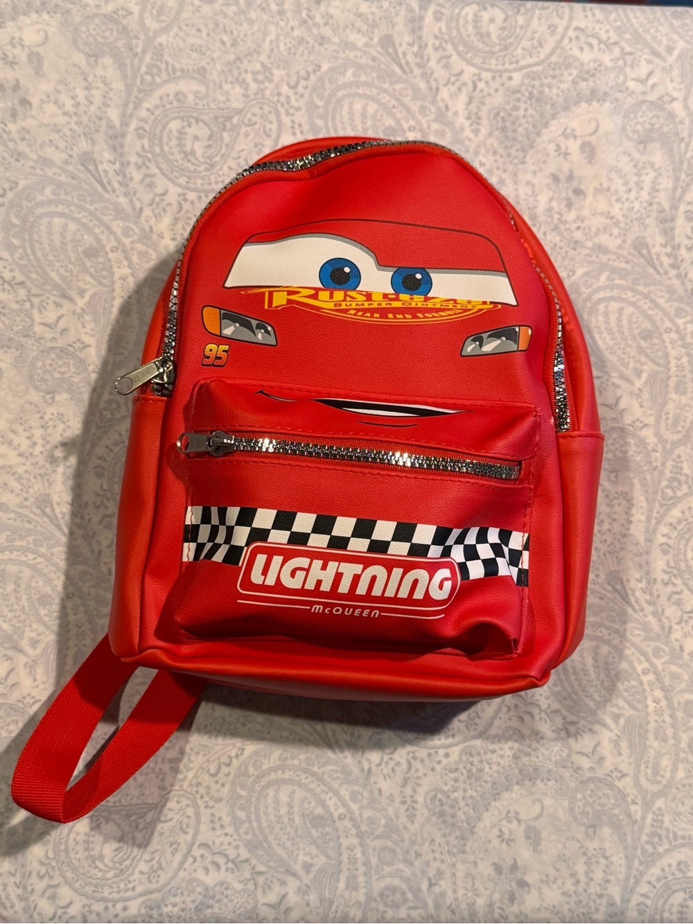 Disney Lightning McQueen Faux Pebbled Red Leather Backpack with Checker Accent